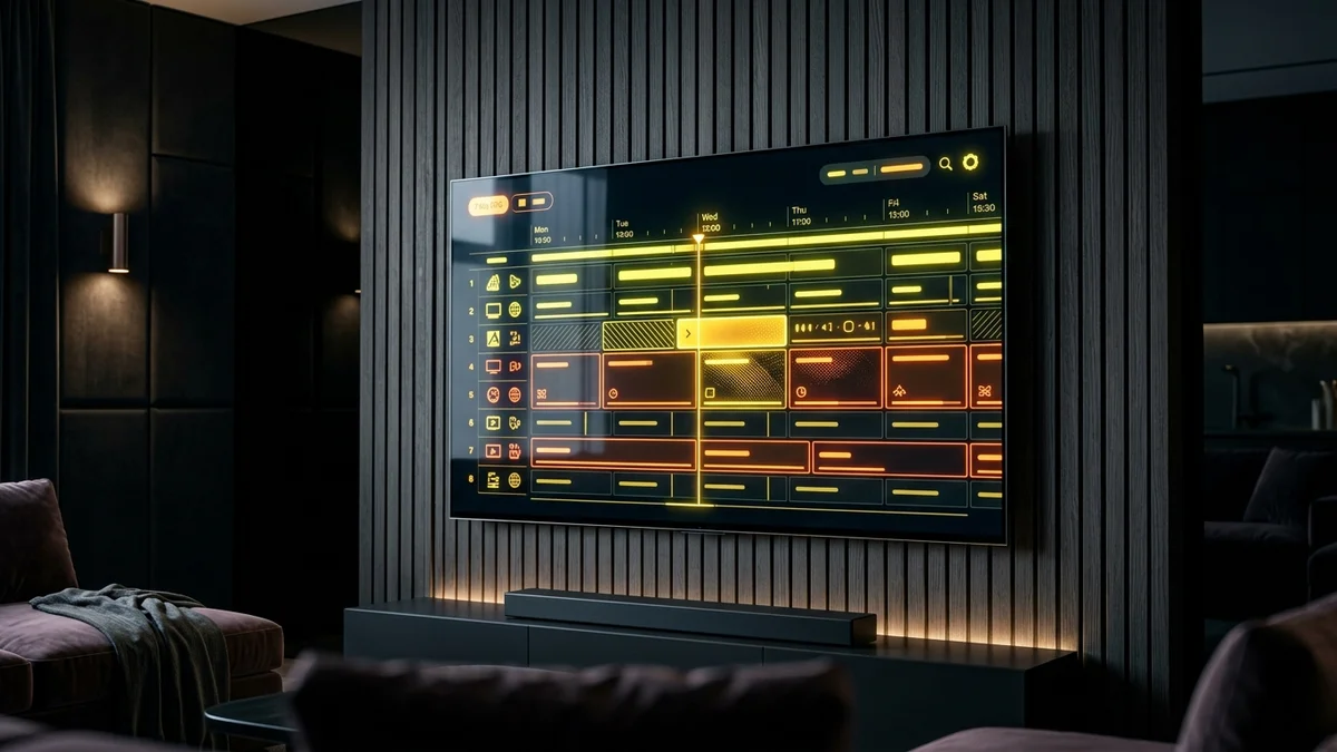 Electronic Program Guide EPG schedule timeline on smart TV interface with channel lineup