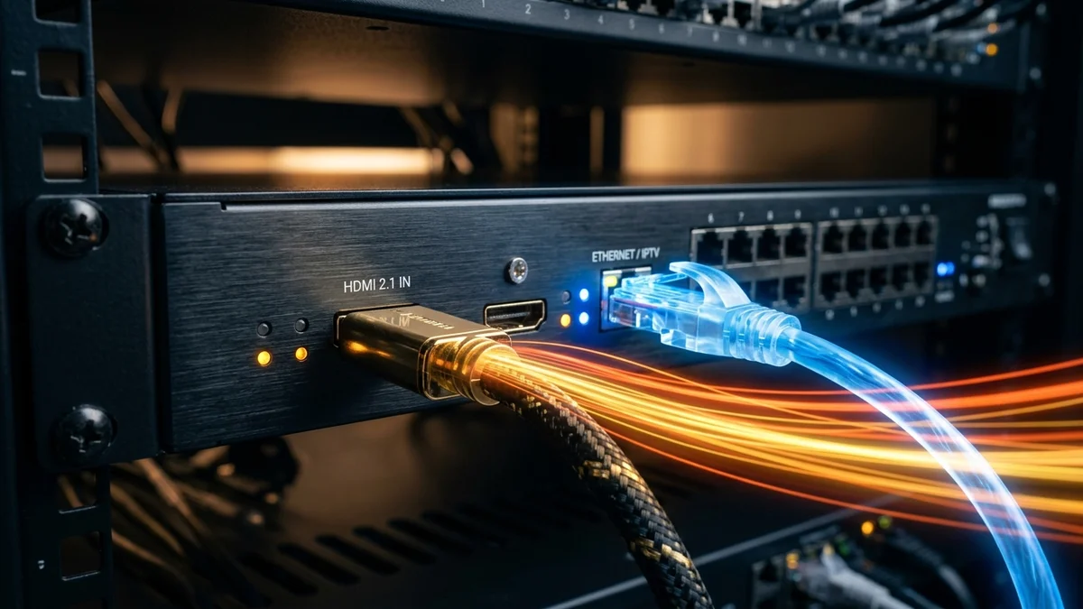 Wiring diagram showing HDMI source connected to H.265 IPTV encoder, IGMP network switch, and multiple Smart TVs
