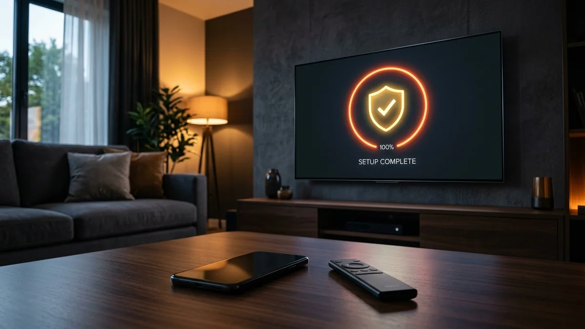 Simple 3-step IPTV setup guide on smart television with remote control in comfortable living room