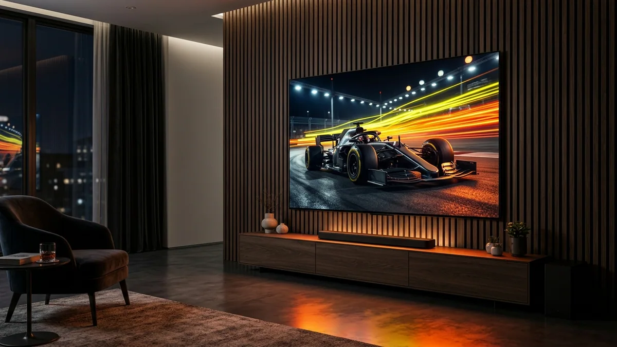Ultra-high-definition 4K HDR streaming display on ultra-slim OLED television in modern living room