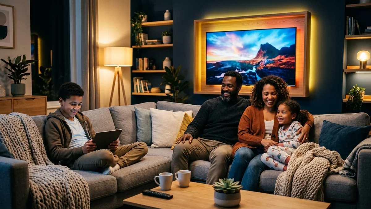 Multi-device IPTV subscription streaming simultaneously across living room smart TV and portable tablet