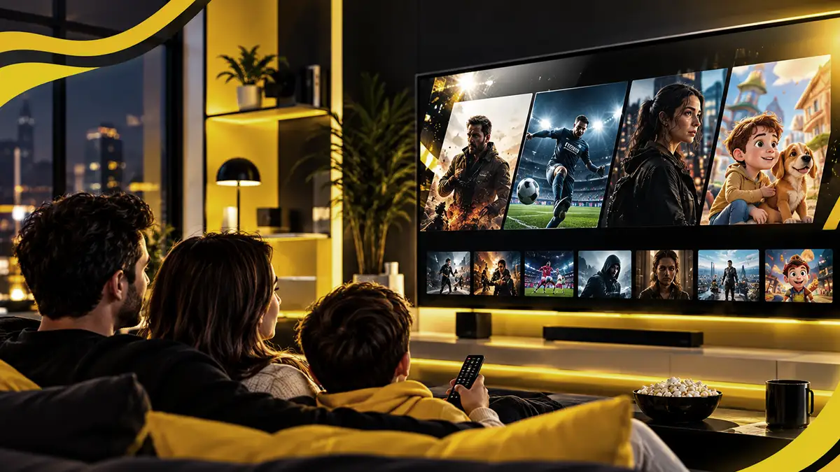 Multi-device streaming interface across smart TV, laptop, Android TV box, Firestick, tablet, and smartphone with all devices badge and channel statistics